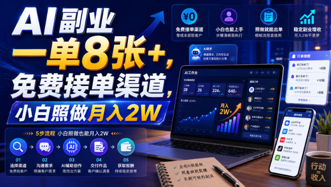 AI副业一单8张+,免费接单渠道,小白照做月入2W【揭秘】-我爱项目网