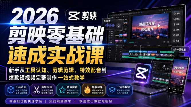 2026剪映零基础速成实战课｜新手从工具认知、剪辑剪辑、特效配音到爆款短视频完整制作一站式教学-我爱项目网