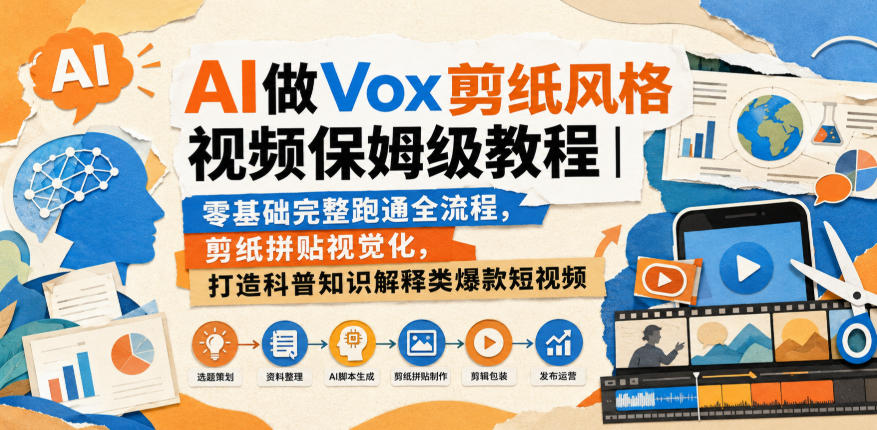 AI做Vox剪纸风格视频保姆级教程｜零基础完整跑通全流程，剪纸拼贴视觉化，打造科普知识解释类爆款短视频-我爱项目网