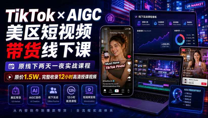 TikTok×AIGC美区短视频带货线下课，原线下两天一夜实战课程，原价1.5W，完整收录12小时高清授课视频-我爱项目网