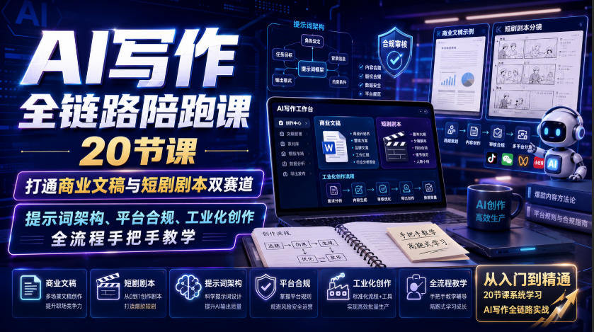 AI写作全链路陪跑课｜20节课打通商业文稿与短剧剧本双赛道，提示词架构、平台合规、工业化创作全流程手把手教学-我爱项目网