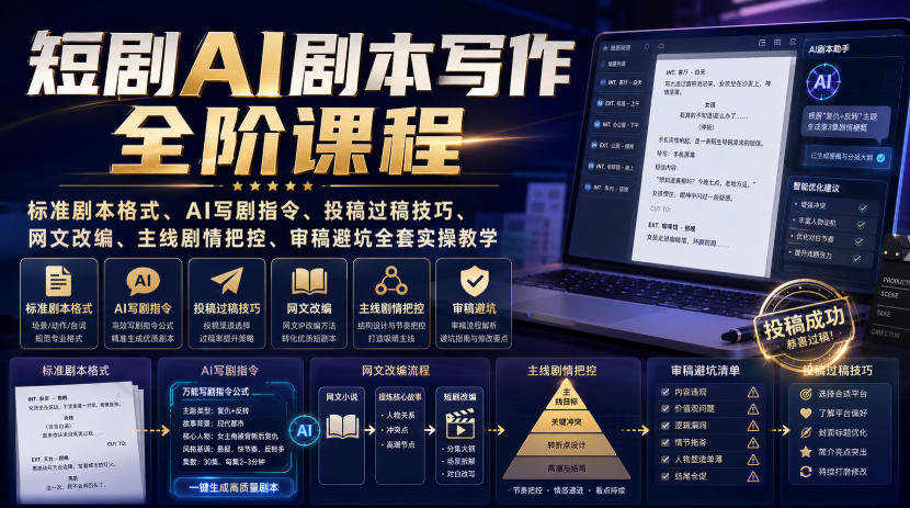 短剧AI剧本写作全阶课程｜标准剧本格式、AI写剧指令、投稿过稿技巧、网文改编、主线剧情把控、审稿避坑全套实操教学-我爱项目网