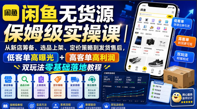 闲鱼无货源保姆级实操课｜从新店筹备、选品上架、定价策略到发货售后，低客单高曝光+高客单高利润双玩法零基础落地教程-我爱项目网
