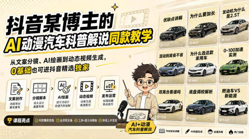 抖音某博主的AI动漫汽车科普解说同款教学，从文案分镜、AI绘画到动态视频生成，0基础解锁抖音精选独家收益-我爱项目网
