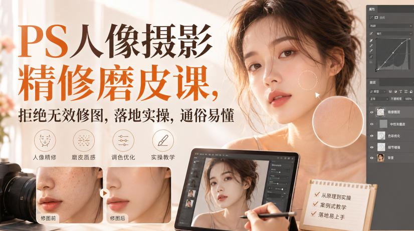 PS人像摄影精修磨皮课，拒绝无效修图，落地实操，通俗易懂-我爱项目网