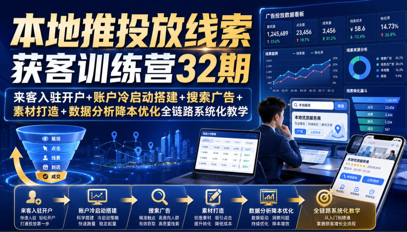 本地推投放线索获客训练营32期|来客入驻开户+账户冷启动搭建+搜索广告+素材打造+数据分析降本优化全链路系统化教学(8月全新课程)-我爱项目网