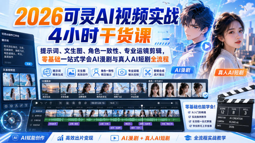 2026可灵AI视频实战4小时干货课｜提示词、文生图、角色一致性、专业运镜剪辑，零基础一站式学会AI漫剧与真人AI短剧全流程-我爱项目网