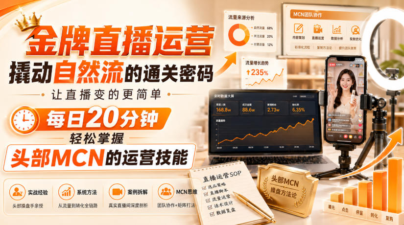金牌直播运营撬动自然流的通关密码，让直播变的更简单，每日20分钟，轻松掌握头部MCN的运营技能-我爱项目网