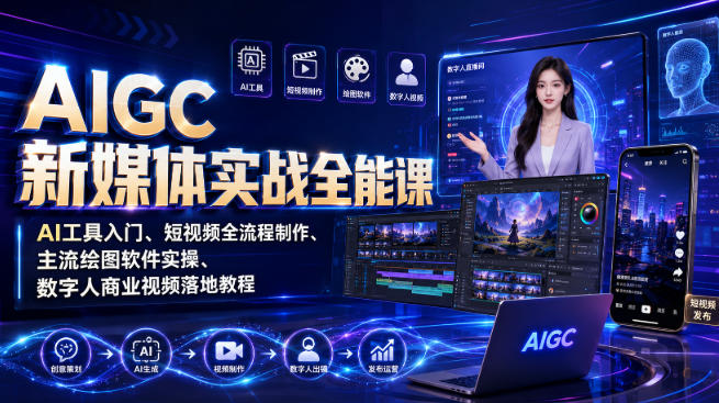 AIGC新媒体实战全能课｜AI工具入门、短视频全流程制作、主流绘图软件实操、数字人商业视频落地教程-我爱项目网