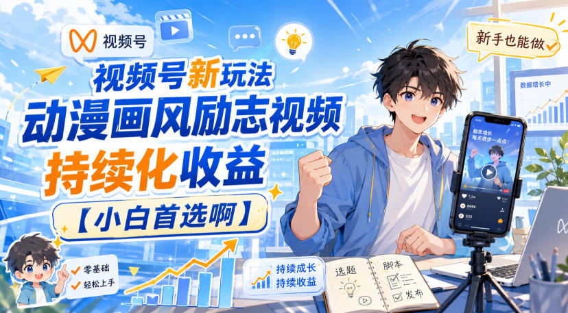 视频号新玩法动漫画风励志视频,持续化收益【小白首选啊】-我爱项目网