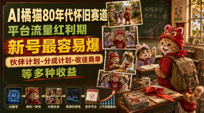 AI橘猫80年代怀旧赛道，平台流量红利期，新号最容易爆，伙伴计划-分成计划-收徒商单等多种收益-我爱项目网