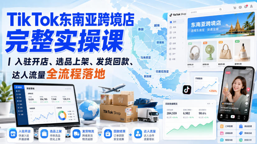 TikTok东南亚跨境店完整实操课｜入驻开店、选品上架、发货回款、达人流量全流程落地-我爱项目网