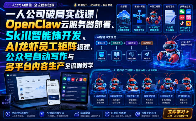 一人公司破局实战课｜OpenClaw云服务器部署、Skill智能体开发、AI龙虾员工矩阵搭建，公众号自动写作与多平台内容生产全流程教学-我爱项目网