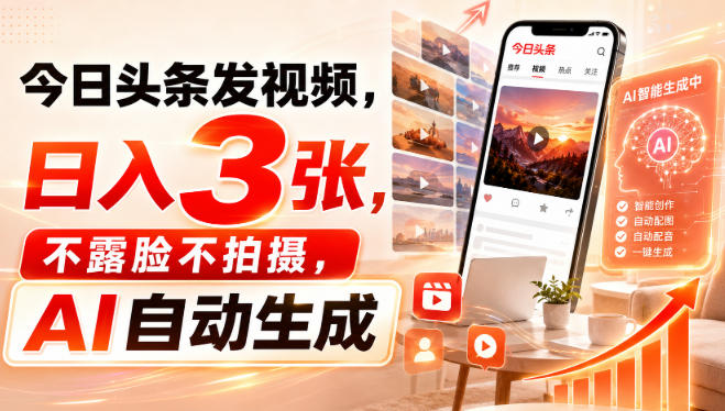 今日头条发视频，日入3张，不露脸不拍摄，AI自动生成-我爱项目网