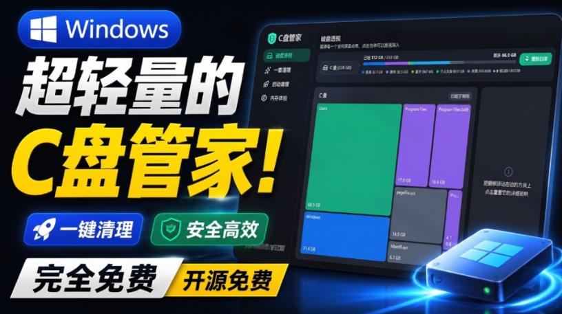 Windows超轻量的C盘管家！超级有特点，支持磁盘分析及清理提醒，2M大小体积，完全免费C盘管家-我爱项目网
