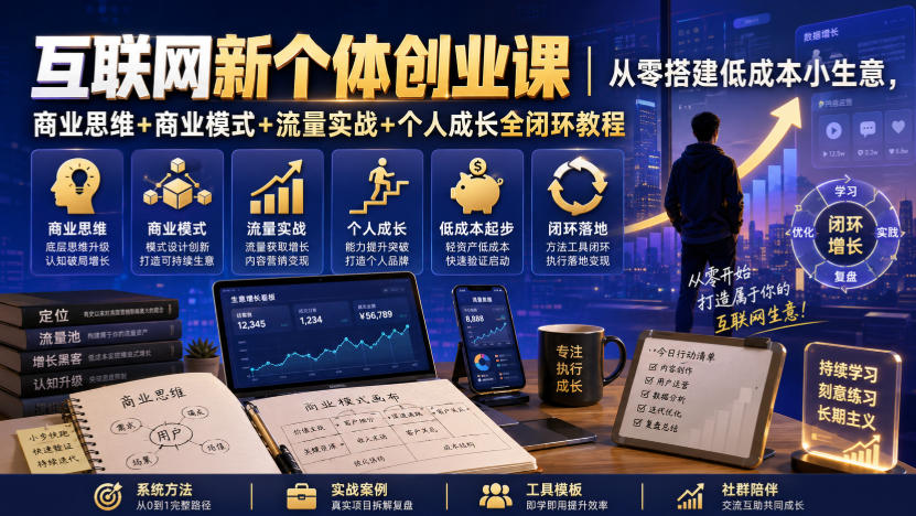 互联网新个体创业课｜从零搭建低成本小生意，商业思维+商业模式+流量实战+个人成长全闭环教程-我爱项目网
