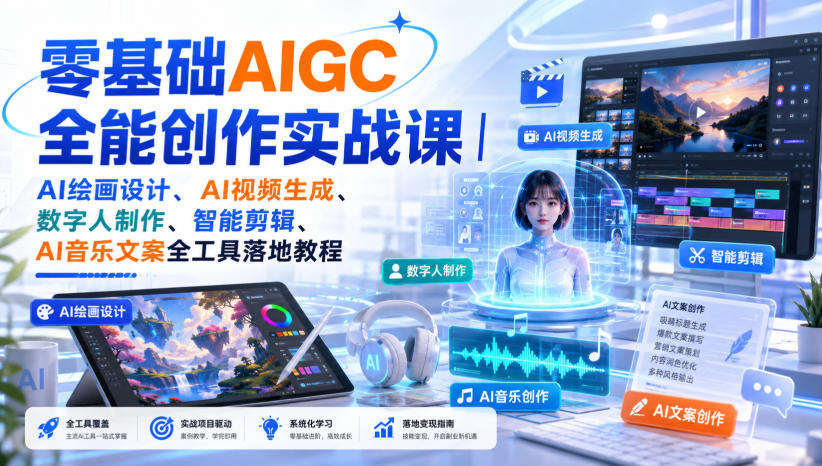 零基础AIGC全能创作实战课｜AI绘画设计、AI视频生成、数字人制作、智能剪辑、AI音乐文案全工具落地教程-我爱项目网