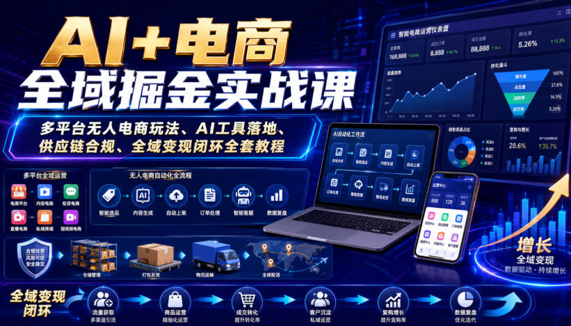 AI+电商全域掘金实战课｜多平台无人电商玩法、AI工具落地、供应链合规、全域变现闭环全套教程-我爱项目网