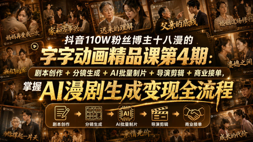 抖音110W粉丝博主十八漫的字字动画精品课第4期：剧本创作+分镜生成+剪辑+商业接单，掌握AI漫剧生成变现全流程-我爱项目网