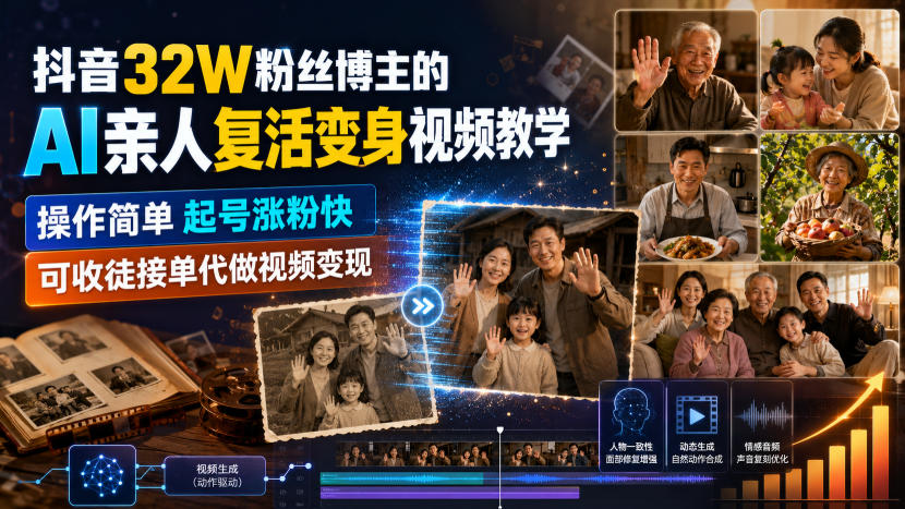 抖音32W粉丝博主的AI亲人复活变身视频教学，操作简单，起号涨粉快，可收徒接单代做视频变现-我爱项目网