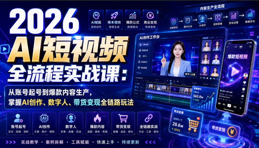 2026 AI短视频全流程实战课：从账号起号到爆款内容生产，掌握AI创作、数字人、带货变现全链路玩法-我爱项目网