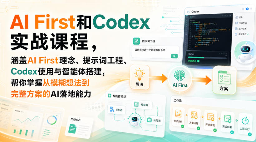AI First和Codex实战课,涵盖AI First理念、提示词工程、Codex使用与智能体搭建,掌握从模糊想法到完整方案的AI落地能力-我爱项目网