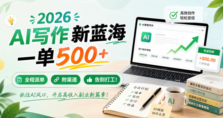 2026 AI写作新蓝海，一单500+，全程派单，附渠道，告别打工！【揭秘】-我爱项目网
