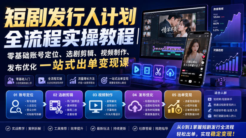 短剧发行人计划全流程实操教程｜零基础账号定位、选剧剪辑、视频制作、发布优化一站式出单变现课​-我爱项目网