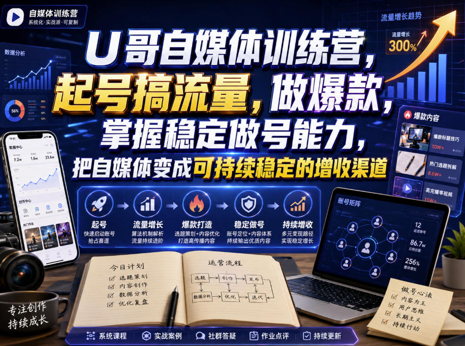 U哥自媒体训练营，起号搞流量，做爆款，掌握稳定做号能力，把自媒体变成可持续稳定的增收渠道-我爱项目网