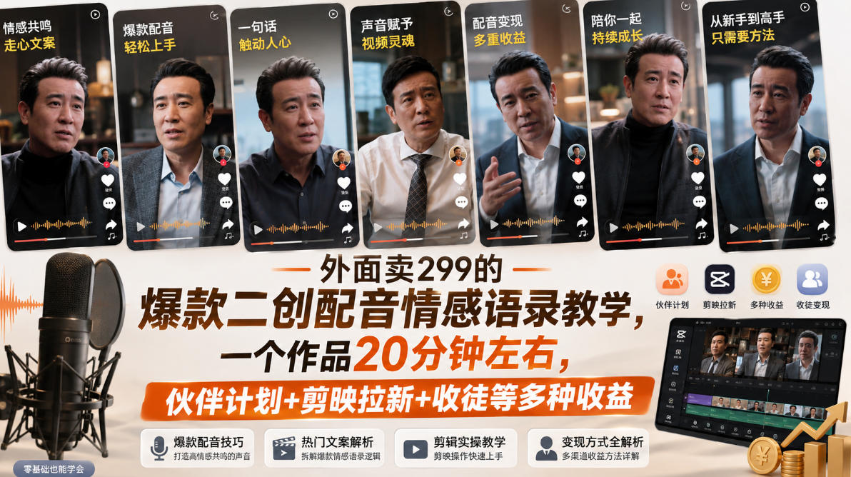 外面卖299的爆款二创配音情感语录教学，一个作品20分钟左右，伙伴计划+剪映拉新+收徒等多种收益-我爱项目网