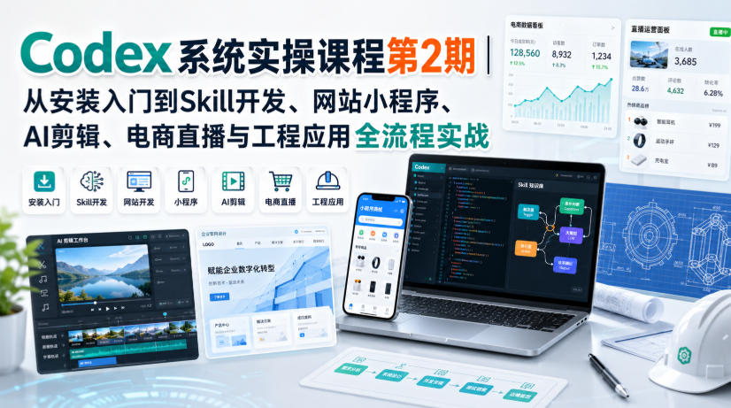 Codex系统实操课程第2期｜从安装入门到Skill开发、网站小程序、AI剪辑、电商直播与工程应用全流程实战-我爱项目网
