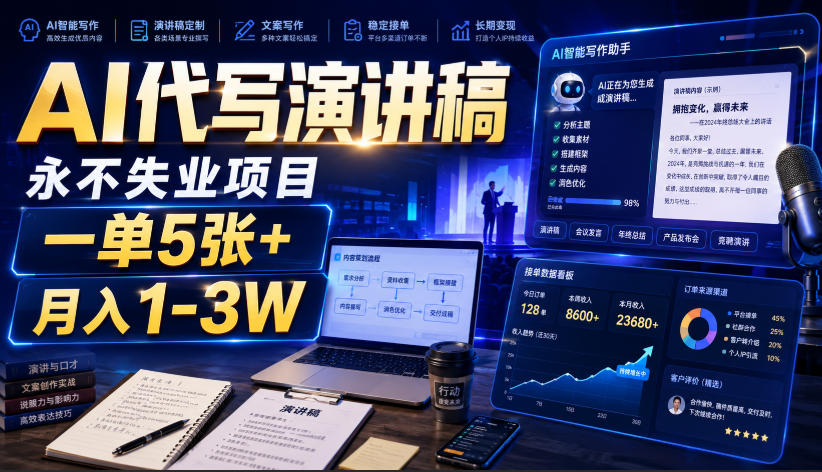AI代写演讲稿，永不失业项目，一单5张+，月入1-3W【揭秘】-我爱项目网