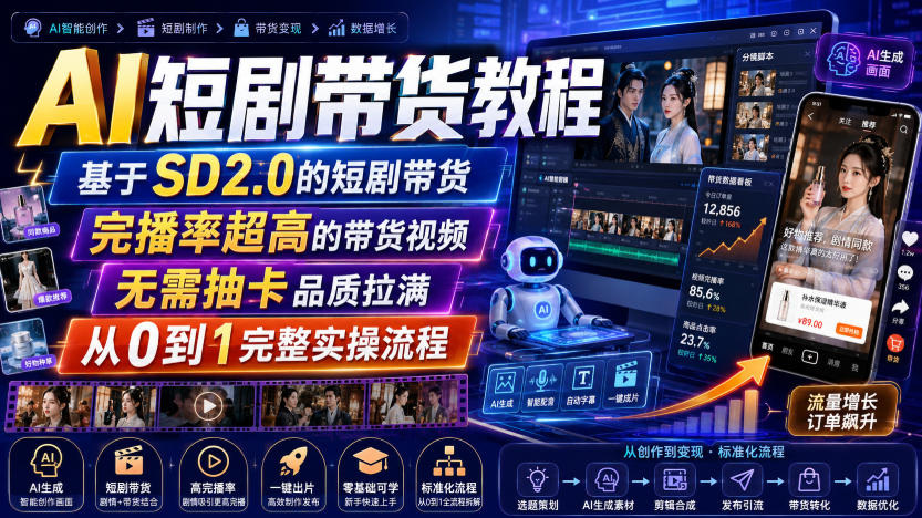 AI短剧带货教程，基于SD2.0的短剧带货，完播率超高的带货视频，无需抽卡品质拉满，从0到1完整实操流程-我爱项目网