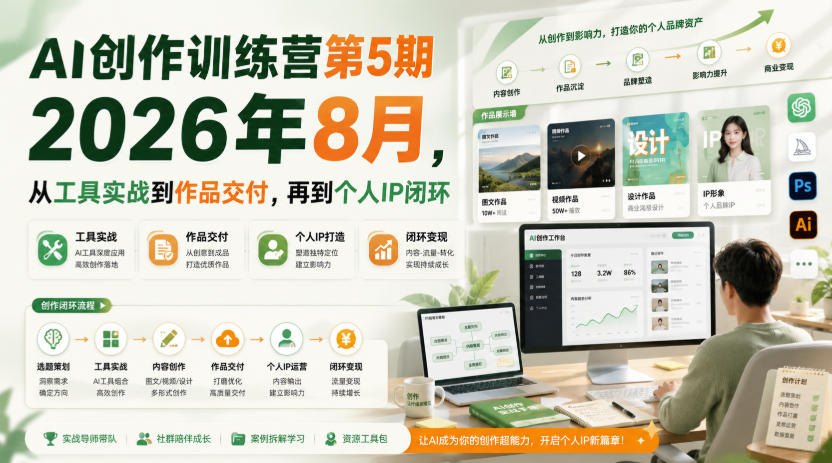 AI创作训练营第5期2026年8月，从工具实战到作品交付，再到个人IP闭环-我爱项目网