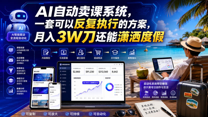 AI自动卖课系统，一套可以反复执行的方案，月入3W刀还能潇洒度假【原创双语字幕】-我爱项目网