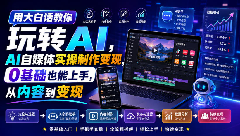 用大白话教你玩转AI，AI自媒体实操制作变现，0基础也能上手，从内容到变现-我爱项目网
