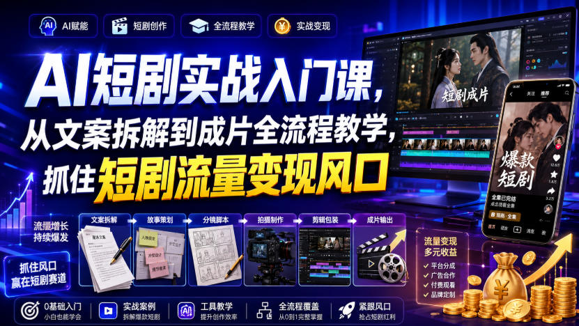 AI短剧实战入门课，从文案拆解到成片全流程教学，抓住短剧流量变现风口-我爱项目网