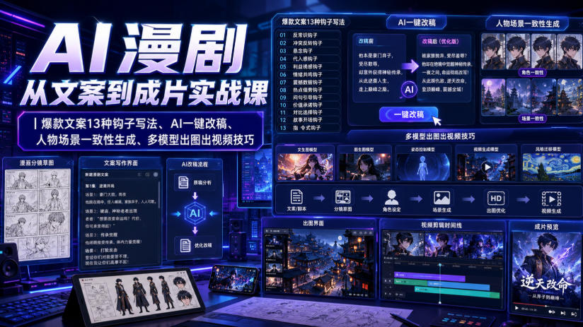 AI漫剧从文案到成片实战课｜爆款文案13种钩子写法、AI一键改稿、人物场景一致性生成、多模型出图出视频技巧-我爱项目网
