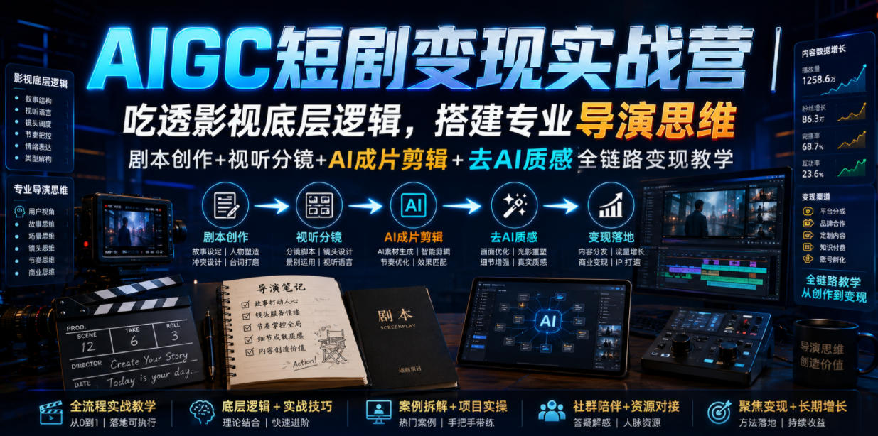 AIGC短剧变现实战营｜吃透影视底层逻辑，搭建专业导演思维，剧本创作+视听分镜+AI成片剪辑+去AI质感全链路变现教学-我爱项目网