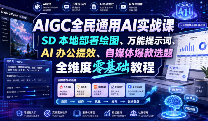 AIGC全民通用AI实战课｜SD本地部署绘图、万能提示词、AI办公提效、自媒体爆款选题全维度零基础教程-我爱项目网