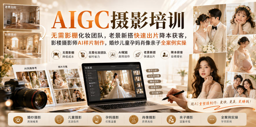 AIGC摄影培训｜无需影棚化妆团队，老景新搭快速出片降本获客，影楼摄影师AI样片制作，婚纱儿童孕妈肖像亲子全案例实操-我爱项目网