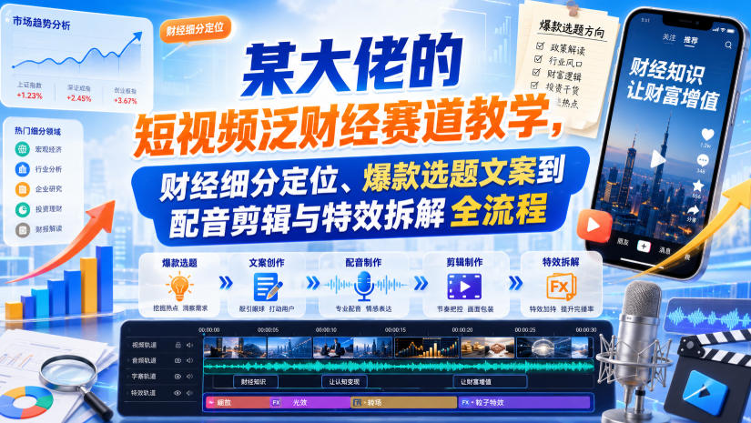 某大佬的短视频泛财经赛道教学，财经细分定位、爆款选题文案到配音剪辑与特效拆解全流程-我爱项目网