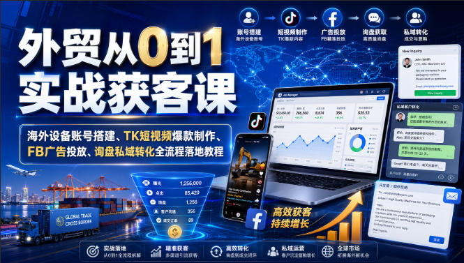 外贸从0到1实战获客课｜海外设备账号搭建、TK短视频爆款制作、FB广告投放、询盘私域转化全流程落地教程-我爱项目网