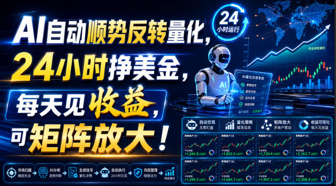 AI自动顺势反转量化，24小时挣美金，每天见收益，可矩阵放大！【揭秘】-我爱项目网