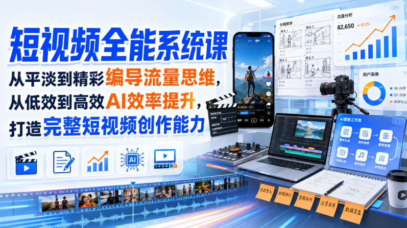 短视频全能系统课，从平淡到精彩编导流量思维，从低效到高效AI效率提升，打造完整短视频创作能力（2026年8月30更新233集）-我爱项目网