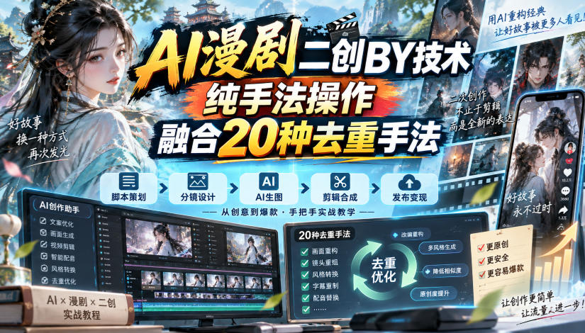 AI漫剧二创搬运技术，纯手法操作，融合20种去重手法-我爱项目网