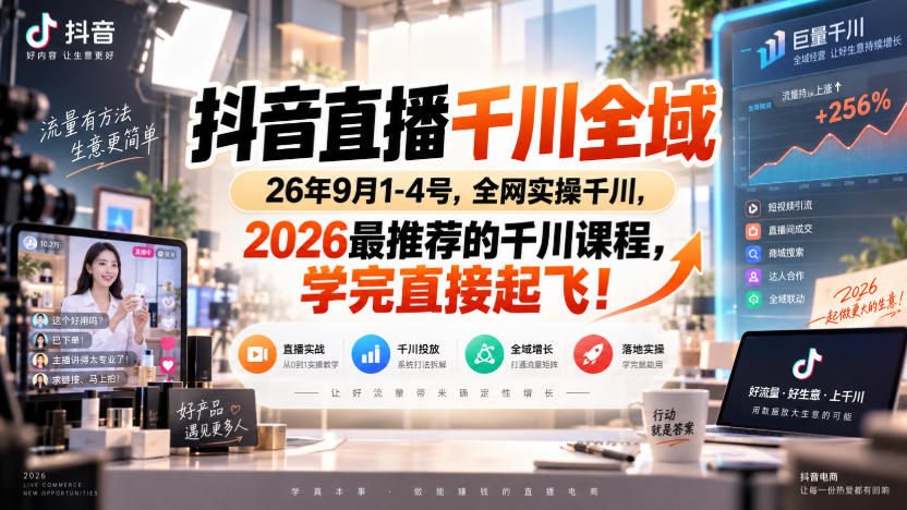 抖音直播千川全域26年9月1-4号,全网实操千川,2026最推荐的千川课程,学完直接起飞!-我爱项目网