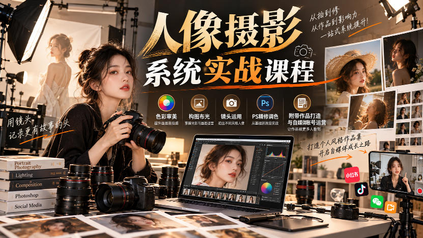 【无水印】人像摄影系统实战课程，色彩审美、构图布光、镜头运用、PS精修调色，附带作品打造与自媒体账号运营-我爱项目网
