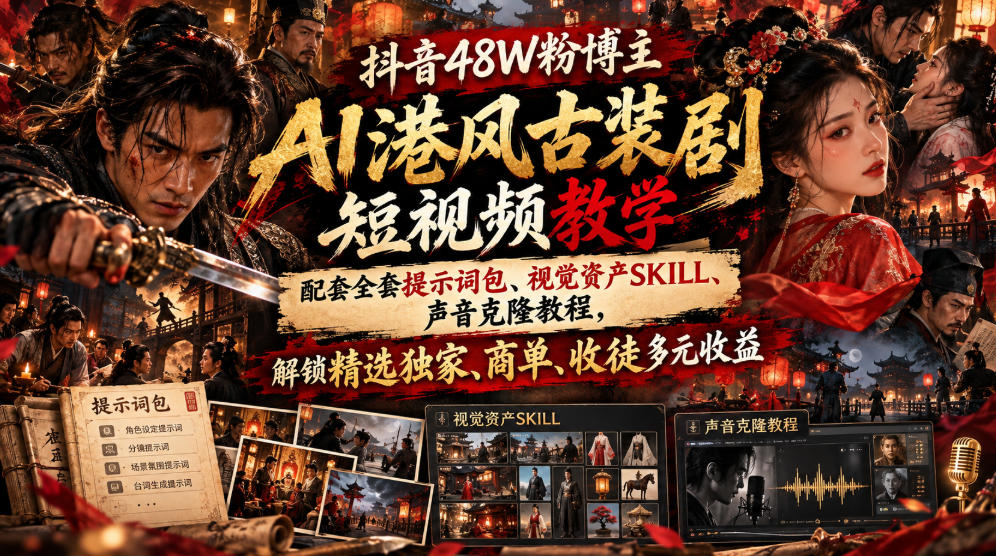 抖音48W粉博主AI港风古装剧短视频教学，配套全套提示词包、视觉资产SKILL、声音克隆教程，解锁精选独家、商单、收徒多元收益-我爱项目网