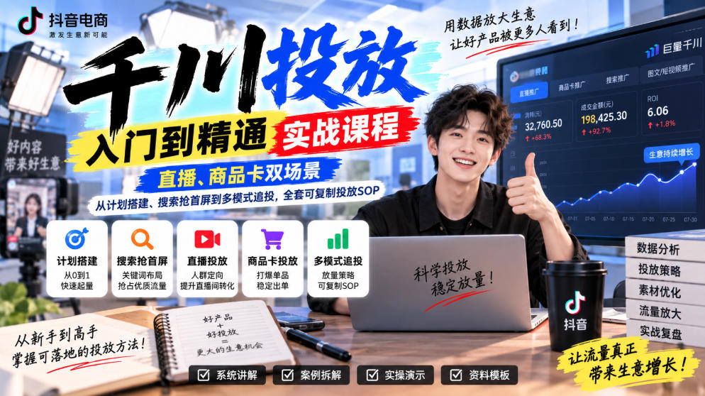 千川投放入门到精通实战课程，直播、商品卡双场景，从计划搭建、搜索抢首屏到多模式追投，全套可复制投放SOP-我爱项目网
